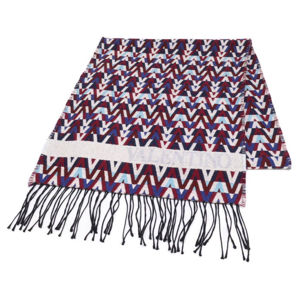 VALENTINO XY2ER033WXV V-logo pattern wool silk fringe stole/scarf 35cm x 180c...